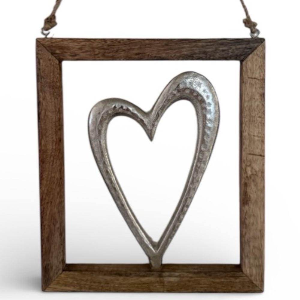 Wooden Frame with Silver Heart Wall Decor